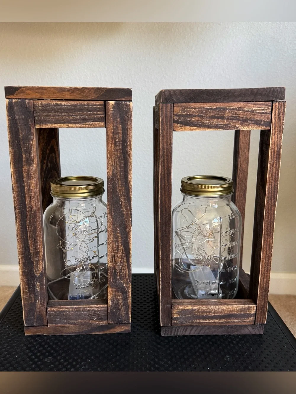 Solid Wood Fairy Lights Lantern Handmade Set of Two Brown